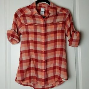 North Face orange and red plaid button down